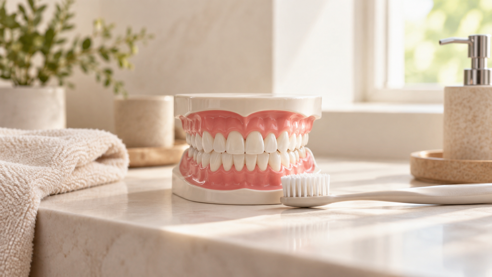 Modelo dental con un cepillo suave junto al margen de la encía